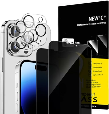 NEW'C 2 x Sichtschutz für iPhone 14 Pro für Panzerglas (6,1 Zoll) und 2x Kamera Panzer Schutz Glas Kameraschutz für iPhone 14 Pro (6,1 Zoll) - 28 Grad verbesserter Sichtwinkel -kratzfest