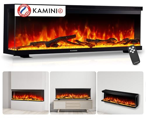 KAMINIO Elektrisk kamin LEA – elektrisk 3-i-1-öppen spis med panoramaview, uppvärmning, 3D-lågeffekt, 12 lågfärger, fjärrkontroll (60 tum)