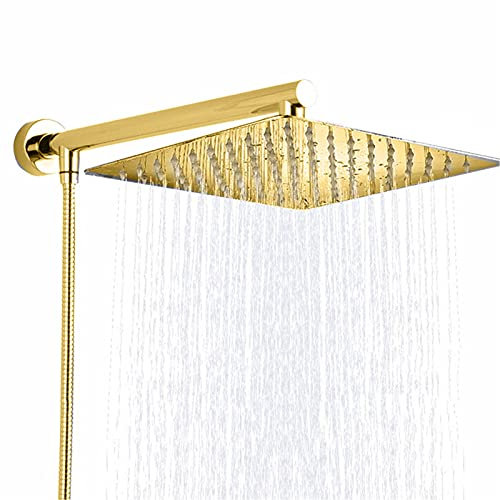Regenduschkopf aus Edelstahl, quadratisch, ultradünn, mit Wasserfall-Effekt, Messing, 38,1 cm, Duscharm, 150 cm, Edelstahlschlauch, Wandmontage, Chrom-Gold-Finish, 20,3 cm