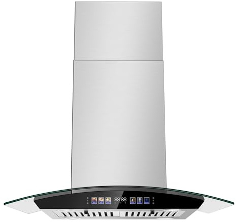 Tieasy Island Range Hood 30 Inch 700 CFM Ceiling Mount Kitchen Vent Hood Tempered Glass with Color Gesture Sensing & Touch Control, 3 Speed Fan, 4 LED Lights, Permanent Filters