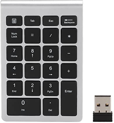 Mini teclado inalámbrico con receptor, 22 teclas Plug y juego USB de teclado digital, diseño ergonómico para 7/8/10USERS, estructura de llave de pie de tijera (plata negro)