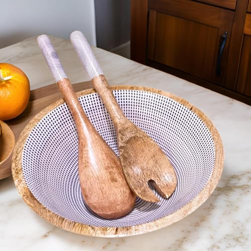 Hartsmede Wooden Salad Bowl with Spoons – 10 Handmade Mango Wood Serving Bowl with Enamel Interior for Salad, Pasta or Fruit, Rustic Eco-Friendly Kitchen Gift for Home (Geometric Blue)