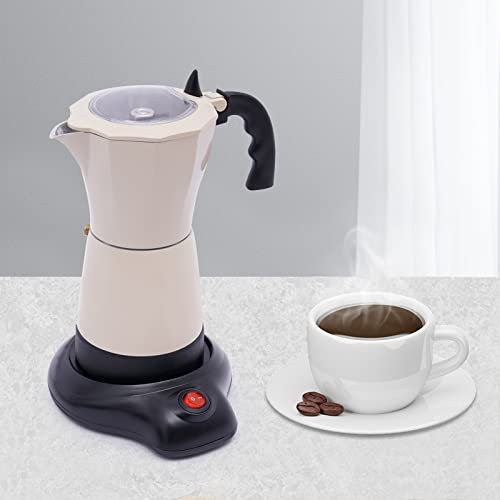 SHIOUCY Caffettiera elettrica con base 480 W, 300 ml, in lega di alluminio, per 6 tazze, colore: bianco crema
