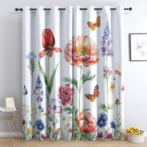 BSYYZQC Schmetterling Vorhänge, Fenstergardinen Blumen Outdoor Vorhang Wetterfest mit ösen, für Kinderschlafzimmerbadezimmerküchentür-Heimdekor 2er Set 245x140cm (HxB)
