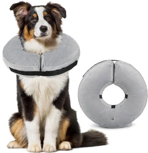 BUYGOO Aufblasbare Halskrause Hund, Aufblasbare Halskrause für Hunde & Katzen, Einstellbar Schutzkragen Hunde, Hundekragen für Genesung nach Operationen oder Wunden, Grau-L (Halsumfang 32-45cm)