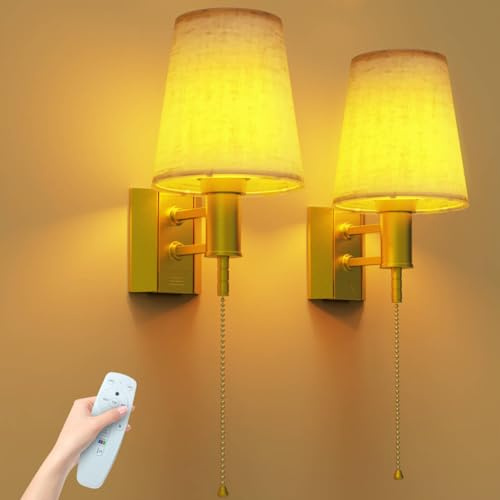 Starxing Battery Operated Wall Sconce with Pull Cord Switch, 5200mAh Rechargeable Wall Lights, 16 Colors Modes Wireless Sconces for Bedroom Living Room Hallway (Gold)