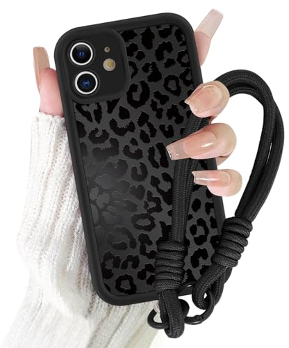 Coalbooliy Cover con Cordino per iPhone 11 6,1'', Silicone Morbido Custodia Aesthetic Leopardo Nero Summer Mädchen Modello Disegni Collana Universale Protezione Fotocamera Protettiva Case, 02