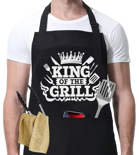 Fjquamitix King of The Grill Apron, Adjustable Bbq Apron for Men, Christmas Funny Gift for Him, Dad, Son and Husband