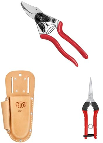 FELCO 6 Kompakt-Gartenschere mit Lederholster 910+ und Leseschere 322 – Handliches Set für kleine Hände und feine Gartenarbeiten
