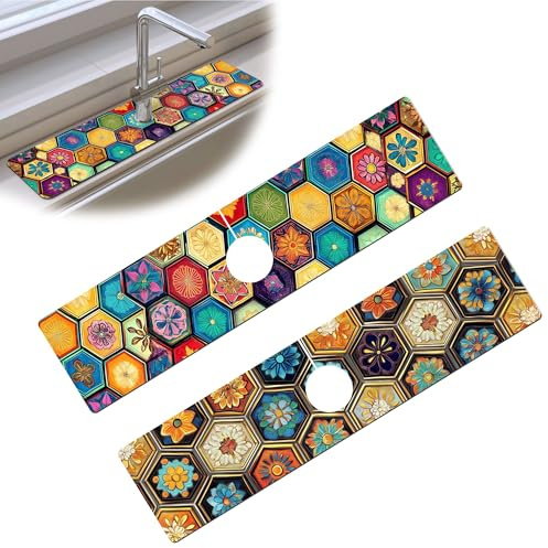 Bimkole 2 PCS Faucet Absorbent Mat, Kitchen Faucet Sink Splash Guard Wraparound Cloth Pads Drip Catcher for Sink Faucet for Kitchen Bathroom Faucet, Colorful Faucet Mat, 15 x 4 Inch Flower A7