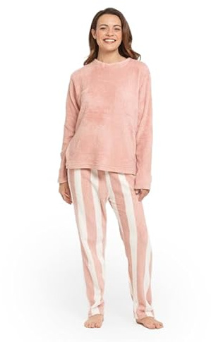 TRAMAS+ Pijama Mujer de Invierno, Pijama de Coralina con Camiseta de Manga Larga y Pantalón Largo Ajustable, Conjunto para Dormir Cómodo y Calentito - L, Raya Vinia L Rosa