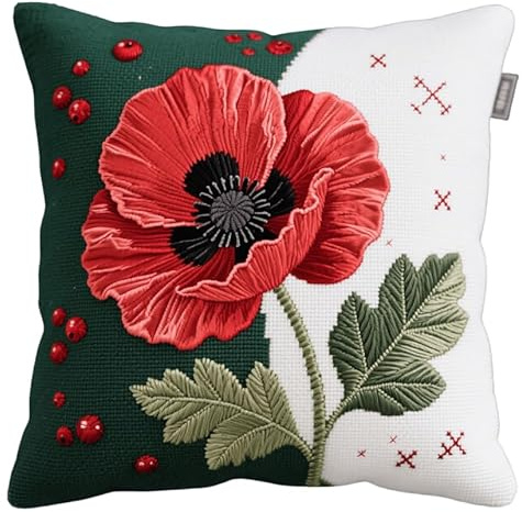 DIY Stickkissen Set, Rote Blüten Kreuzstichkissen Zum Dekorieren 45X45cm Kissenbezug Zum Sticken Kreuzstich Kreuzstich Kissen zum Basteln Stickkissen Stickpackung