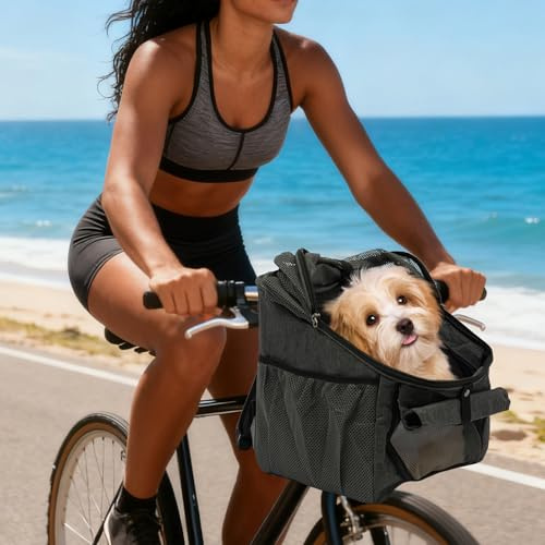 Apriltop 32x29x39cm Hundekorb Fahrrad Vorne bis 7,5 Kg, mit Faltbare Netzabdeckung und Seitentaschen, für Fahrrad, Reisen, Tierhandlung, Haustier Rucksack für Katzen und Hunde (Grau)