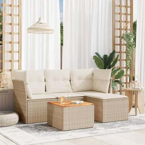 JHQHSM 5-TLG. Garten-Sofagarnitur mit Kissen Beige Poly Rattan, Modulares Design Gartenmöbel Set mit Abnehmbaren Bezügen, Wetterfeste PE Rattan Sofa Gruppe für Terrasse, Innenhof