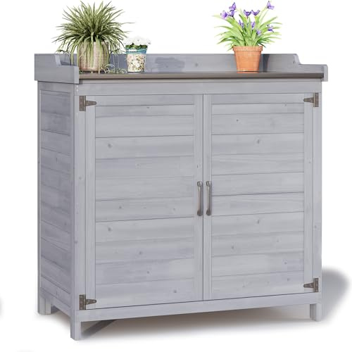 Blishom Tavolo da Esterno per Piante, Tavolo da Giardino con Piano di Lavoro Impermeabile, Tavolo da Lavoro in Legno con 1 Ripiano Regolabile, 48x98x95 cm. (Grigio)