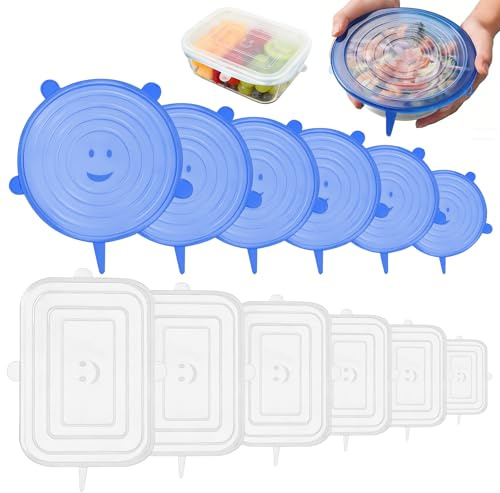 Silicone Stretch Food Covers Set, 12 Pack Circular and Square Silicone Lids, Different Size Reusable Food Container Sealing Lid for Refrigerator and Microwave (Blue, white)