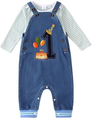 BOUTIKOME Ragazzi 1° Compleanno Vestito Bambino Ragazzo Tuta Set Neonati Vestiti Strisce Manica Lunga Pagliaccetto Jeans Regolabile Salopette con Bottoni Ricamo Stampante Set di Abbigliamento