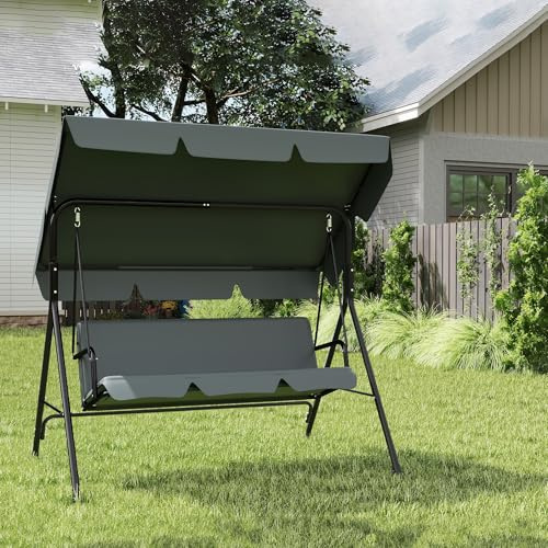 Yunvin 3 Seater Garden Swing Chair, Patio Rocking Bench with Adjustable Sun Canopy and Cushion, Steel Frame Porch Swing Chair for Patio, Backyard, Terrace, 176 cm, Anthracite
