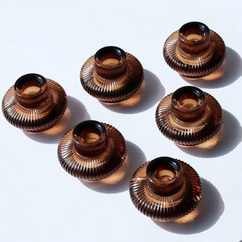 Vohocandle Bougeoir Verre Marron pour fête de Thanksgiving, 8 cm L × 6 cm H | Bougeoirs en verre par lot de 6 pour décoration maison, porte-bougies en marron double face pour bougies coniques