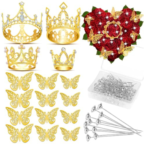 Pitigihe Accesorios para Ramos de Flores, Que Incluyen 4 Coronas Doradas, 12 Decoraciones de Mariposas y 50 alfileres para Flores, para Ramos y Adornos de Pasteles, decoración para Baby Shower,