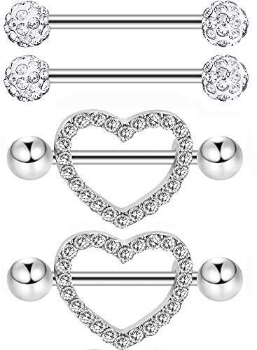 JOVITEC 2 Pairs Stainless Steel Nipple Ring Cz Barbell Rhinestone Body Jewelry for Tongue Nipple Piercing 14 g(Silver)