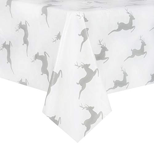 Mr Crimbo Reindeer Christmas PVC Tablecloth Vinyl Table Cover Protector Rectangular Home Accessory Xmas Room Decoration Grey & White 140x240cm