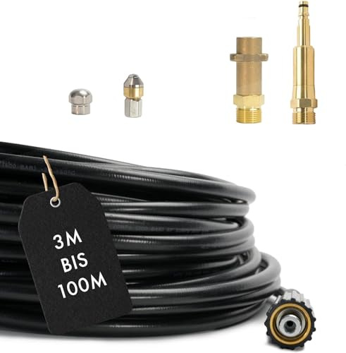 Rohrreinigungsschlauch Set 4-Teilig für Kärcher Workzone Aldi Craft HD HDS Anschluss 1/8 AG : M22 x 1,5 IG & Bajonett-Adapter & Adapter Quick-Click & rotierende/starre Rohrreinigungsdüse (15 Meter)