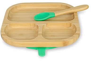 BIOZOYG Set di piatti quadrati in bambù I piatto a ventosa con cucchiaio - Certificato FSC I Simpatico set di ciotole in legno di bambù per bambini - Piatto per bambini e ciotola per snack I Baby