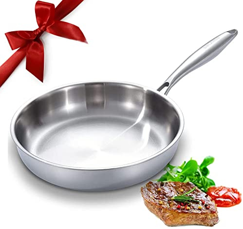 DELARLO Tri-Ply Stainless Steel Pan, 18/10 Frying Pan, Oven Safe Up to 600°F, Nontoxic Cookware, Compatible with All Cooktops Skillet, Durable, Fast Even Heat Fry Pan,12.5 inch Steel Frying Pan
