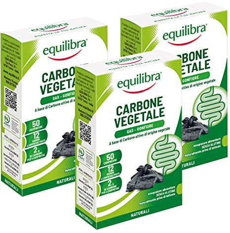 Equilibra Integratori Alimentari, Carbone Vegetale, Integratore a Base di Carbone Vegetale, Contribuisce alla Riduzione dell’Eccessiva Flatulenza Postprandiale, 3 pezzi da 50 compresse