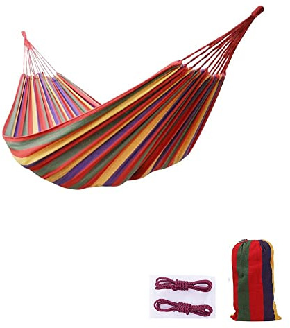 Utomhus vävd bomullshängmatta, campinghängmatta för 2 personer, bärbar lätt med bärväska, perfekt för uteplats, balkong, uteplats, trädgård, camping (250 x 100 cm), röd)