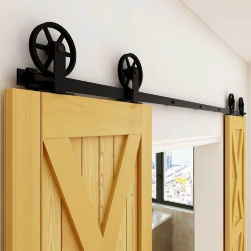 Rail Porte Coulissante Double 183cm Kit Roulette Suspendue Systeme Noir pour 2 Porte Coulissante Interieur 45cm Large, Grande Roue T-forme