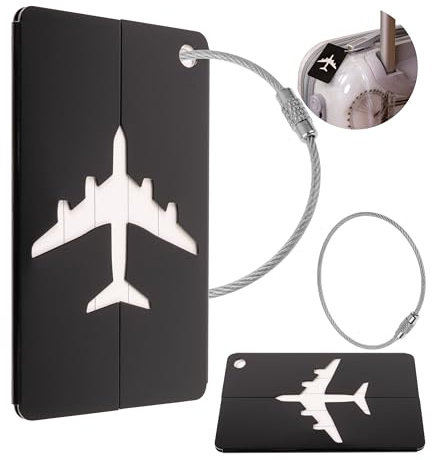 Kofferanhänger mit Adressschild, 2 Pack, in Schwarz, Aluminium Schild, für Flugreise, Kreuzfahrt, Metallgepäckanhänger, Namensschild Koffer, Adressanhänger, Taschenanhänger, Reise ID Etikett Aufhänger