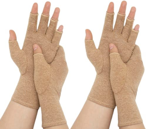 HOTANJI Guantes de compresión – 2 pares de guantes de artritis para alivio del dolor para mujeres y hombres | Guante sin dedos para manos artriticas (M), beige, M