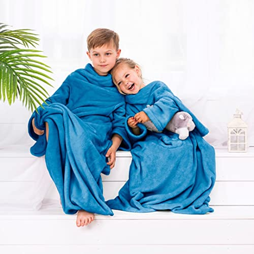 texpot Kinderdecke 90 x 105 cm mit Ärmeln Farbe Indigo Microfaser Fleecedecke Kuscheldecke Weich Decke