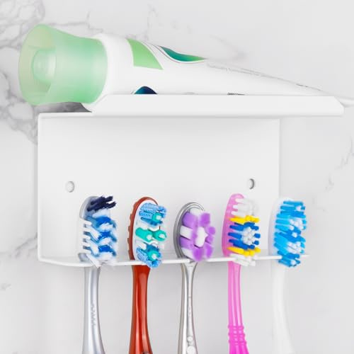 Linkidea Wandhalterung für Zahnbürsten und Zahnpasta, selbstklebend, Aluminium, 5 Fächer, kompatibel mit Colgate Extra Clean und Oral-B CrossAction (Weiß)