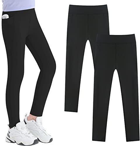 Adorel Mädchen Sport Leggings Lang Fitness Gymnastik Hosen Sporthosen 2er-Pack Schwarz (mit Tasche) 140-146 EU (Herstellergröße 150)