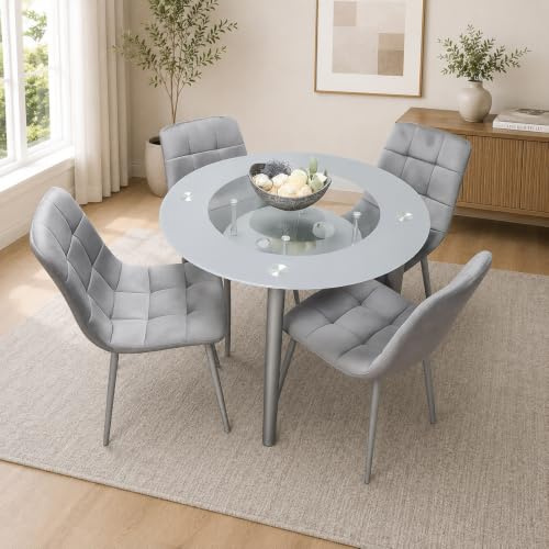 Glass Round Dining Table & 4 Grey Velvet Chairs Kitchen Table Furniture Set | KOSY KOALA Glass Round Dining Table and Chairs Set - Frosted Tempered Glass Kitchen Table with 4 Grey Velvet Dining Chairs