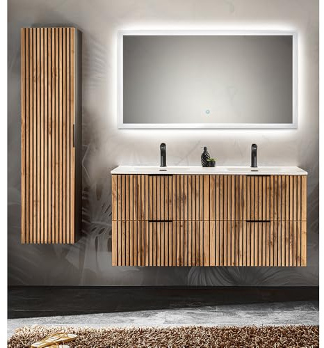Lomadox Badmöbel Set mit Hochschrank Doppelwaschtisch 121 cm LED Spiegel Touch Bedienung anthrazit Wotan Eiche Nb. Rillen schwarz Front MDF