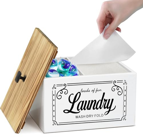 Ukonvi Dryer Sheet Container for Laundry Room Organization and Storage, Wood Laundry Pods Container with Lid, Dryer Sheet Holder for Laundry Room Décor, Dryer Ball Holder Laundry Basket (White)