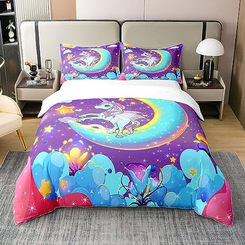 Set di biancheria da letto king size con unicorno, per bambini, motivo con cavallo sognante, farfalla, luna, stella, arcobaleno, floreale, 100% cotone, colore viola, decorazione per la camera