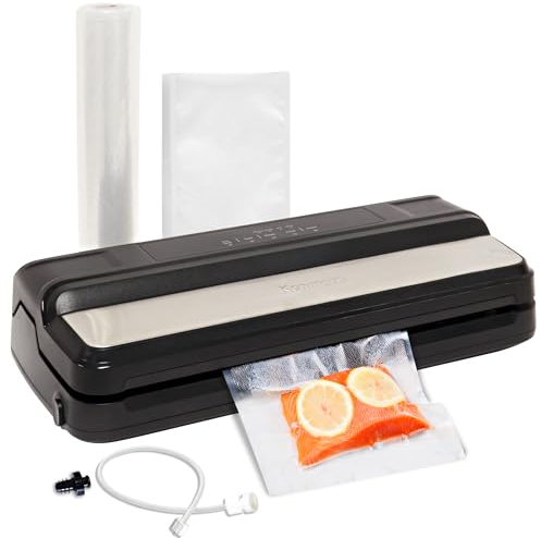 Kenmore Vacuum Sealer Machine for Food Storage with Built-in Cutter & One-Touch Digital LED Display, Compact 7-in-1 Food Preservation System with 11 Sous Vide Bags for Dry & Moist Foods – Black