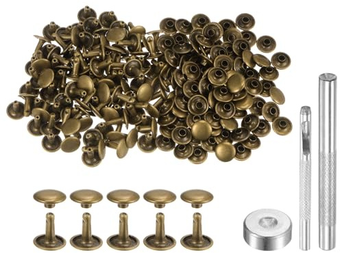 QUARKZMAN 100 Stück 10 x 10mm Leder Nieten, Runde Doppelkappe Tubular Metall Hohlnieten mit Werkzeugen, Zubehör Rücknieten für Lochzange Gürtel Dekoration Kleidung DIY Handwerk (Bronze)