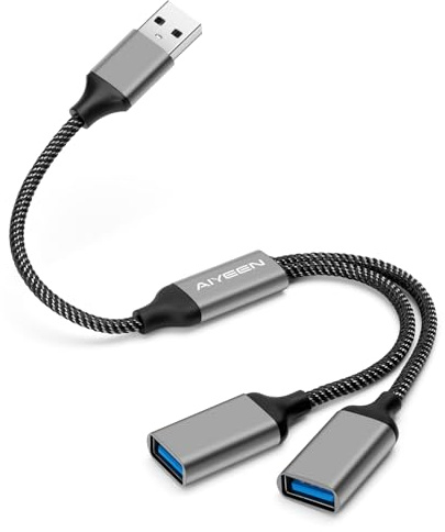 AIYEEN Cable Divisor USB, Adaptador USB A Divisor 1 en 2 Salidas, concentrador de Doble Puerto para Transferencia/Carga de Datos, Extensor Dividido de Datos Adicional (Gris)