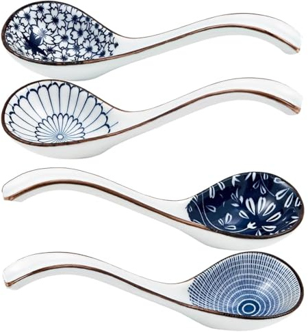 (4er-Pack) Keramik-Suppenlöffel, Ramen-Löffel mit langem Griff, asiatische Suppenlöffel, japanische Suppenlöffel für Ramen Pho Miso Wonton-Nudeln Reis