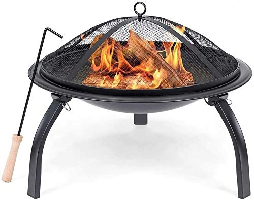 Foyer d'extérieur à bois de 55,9 cm en acier pliable pour jardin, terrasse, chauffage, bol de camping, barbecue avec tisonnier, grille, grill avec couvercle, barbecue, cuisine pour l'extérieur, l