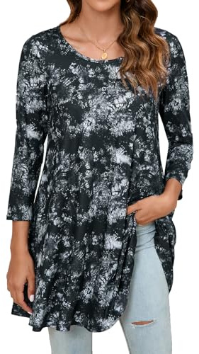 Enmain Tunic Tops for Women UK 3/4 Sleeve Ladies Long Tunics Loose Casual Tunic Top for Leggings Round Neck Blouses Shirt Tie-dye Black & Grey 5XL