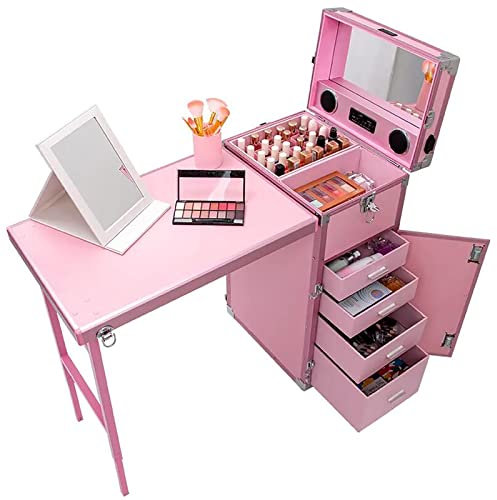 COYEUX Tragbarer rollender Make-up-Zugkoffer, Faltbarer Nageltisch, mit Stauraum, Arbeitstisch und Spiegel, Bluetooth-Player, Kosmetik-Trolley, Nageltisch