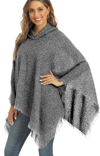 crazy bean Poncho Femme Hiver avec Franges Chaud Pull Chale avec Capuche Poncho Cape Tricoté Douce Cachemire d'Imitation Automne Gris foncé