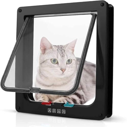 BANTASE Kleine Katzenklappe, 19 X 20 X 2 cm, Katzenklappentür Mit 4-Wege-Verriegelung, Geräuschlose Hundeklappe, Haustierklappe, Geeignet for Katzen, Kätzchen Und Kätzchen(Schwarz,M)